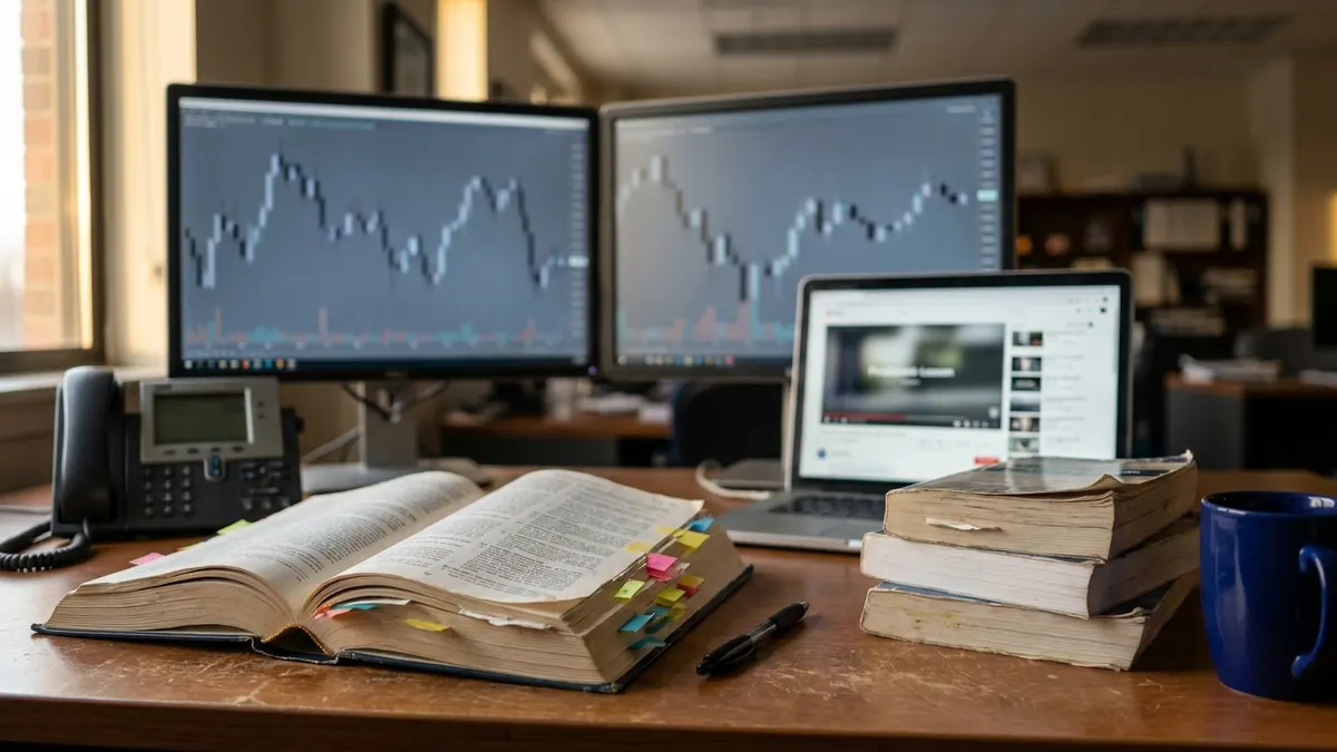 A compliance desk with market charts and a flagged regulatory rulebook — Series 7.