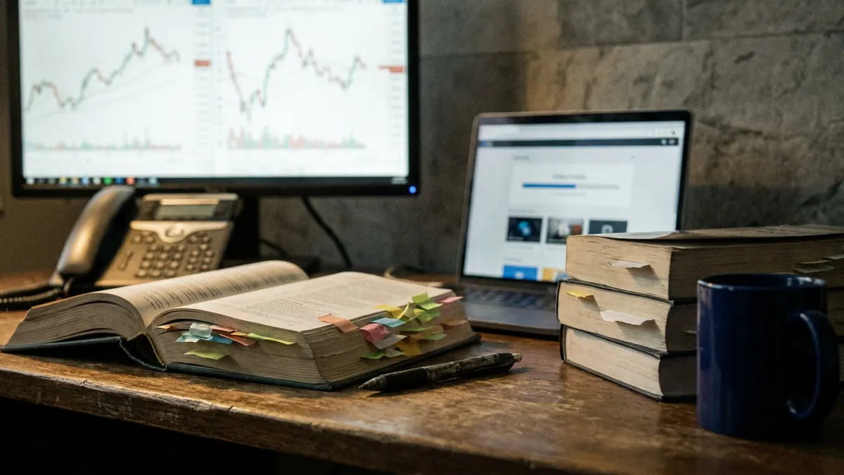 A compliance desk with market charts and a flagged regulatory rulebook — SIE.