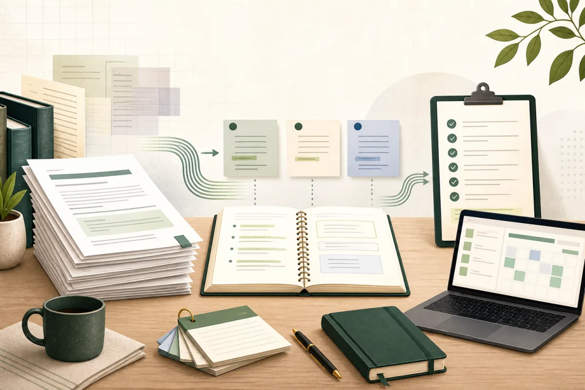 Editorial illustration of official exam documents becoming organized notes, original practice questions, and a study plan.