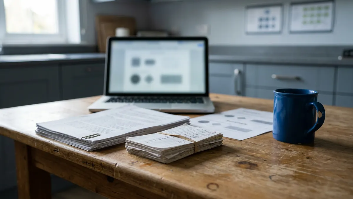 A kitchen table with a complete free study stack: printed official exam outlines, handwritten flashcards, and an open laptop with a practice screen.