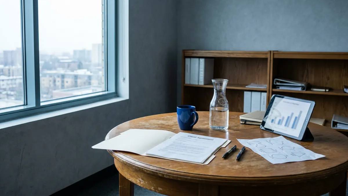 An investment adviser's meeting room with a printed client agreement in a folder — Series 65.