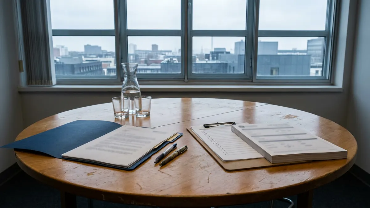 An investment adviser's meeting room with a printed client agreement in a folder — Series 65.
