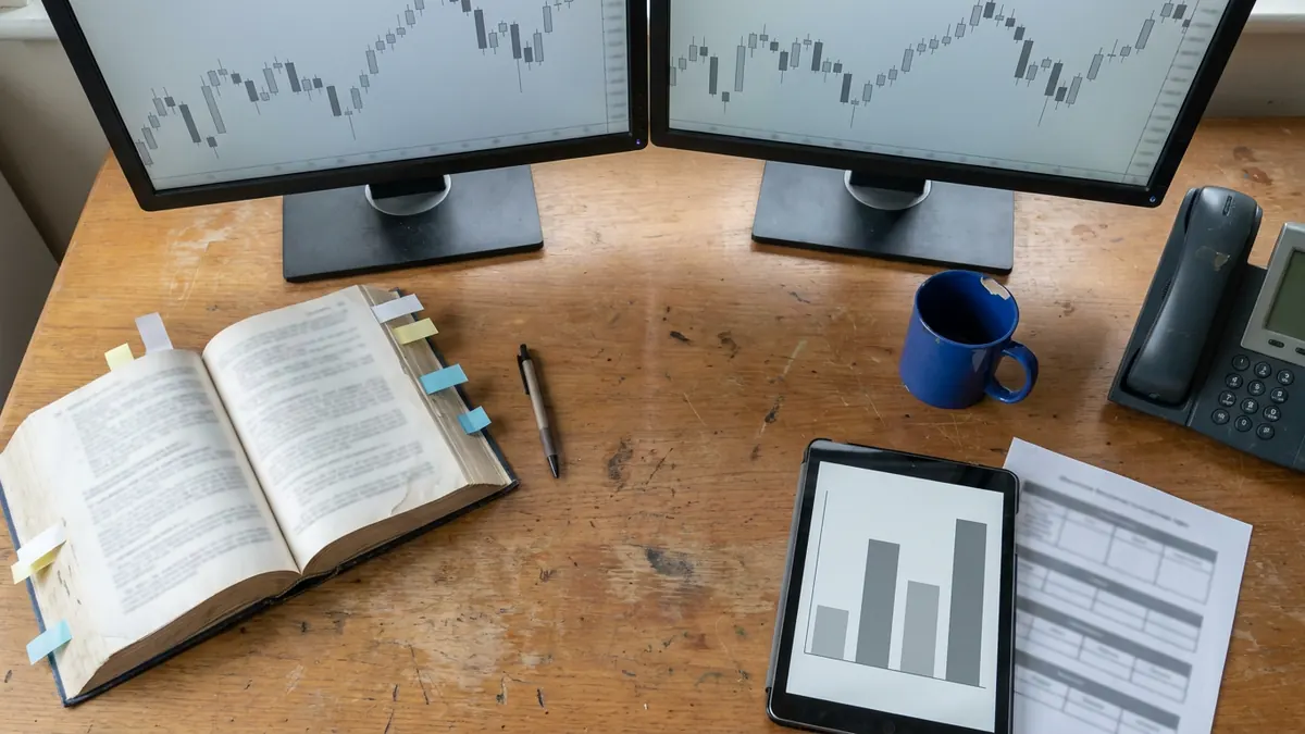 A compliance desk with market charts and a flagged regulatory rulebook — Series 7.