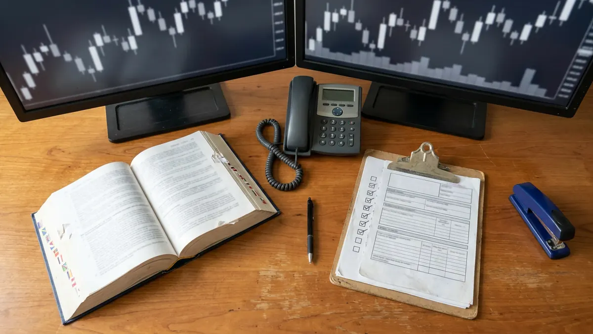 A compliance desk with market charts and a flagged regulatory rulebook — Series 7.