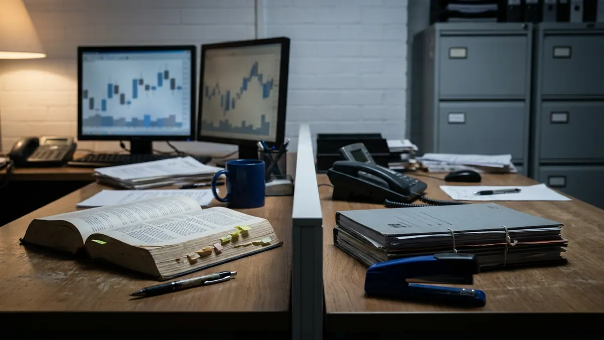 A compliance desk with market charts and a flagged regulatory rulebook — Series 7.