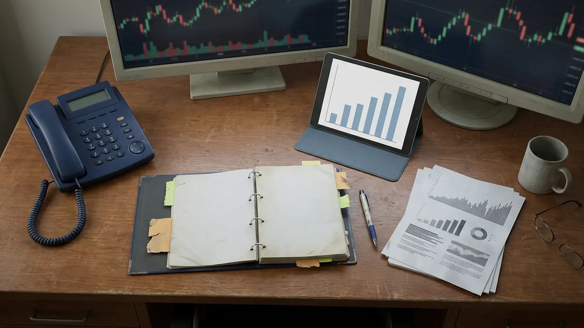 A compliance desk with market charts and a flagged regulatory rulebook with a printed results table and a bar chart — SIE.